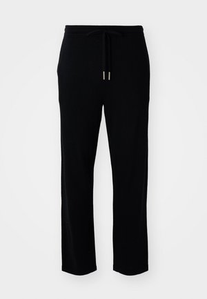Schwarze Sweatpants aus weichem Stoff, mit einem Kordelzugbund mit Metallenden und geradem Bein. Glatte Textur, keine Muster.