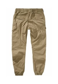 Bež bombažne hlače tipa cargo z elastičnim pasom, zoženimi manšetami, več žepi in gladko, lahko teksturo.