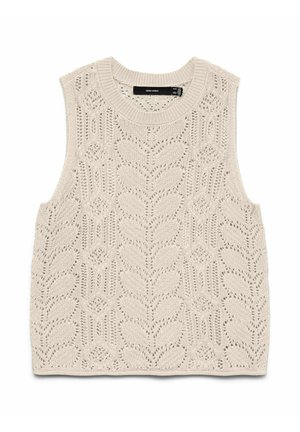 Beige mouwloos gebreid vest met een opengewerkt bladpatroon en een geribde ronde halslijn.