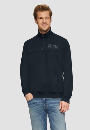 Marineblauer Viertelreißverschluss-Sweatshirt aus weichem Stoff, mit einer Vorderseite-Tasche und einem Logo auf der Brust. Klassische Passform mit gerippten Bündchen.
