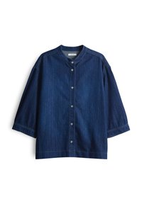 Camicia di jeans con scollatura rotonda, chiusura con bottoni, maniche a tre quarti, colore blu scuro e dettagli di cucitura sottili.