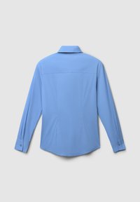 Himmelblaues Langarmhemd mit spitzem Kragen, glatter Textur und geknöpften Manschetten. Es hat eine rückseitige Nahtdetails und einen abgerundeten Saum.