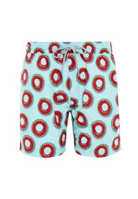 Costumi da bagno di colore azzurro chiaro con un motivo a fette di anguria. Presentano una vita elasticizzata con cordino e un tessuto morbido e leggero.