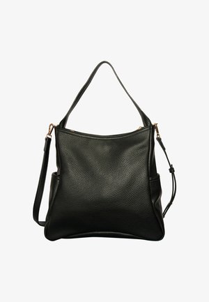 Must harjatud pinnaga must nahast õlalood, millel on lai avamine, reguleeritav rihm ja kaks külge taskut. Kuldtoonilised detailid.