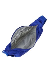 Blaue Stoff-Gürteltasche mit einem Reißverschlussöffnung, ausgestattet mit einem grauen Innenfutter und einer zusätzlichen Innentasche zur organisation.