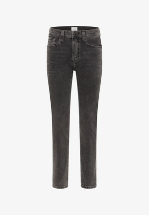 Czarne dżinsy o prostym kroju, pięć kieszeni i kontrastowe przeszycia. Posiadają metalowe elementy i lekko wyblakłą teksturę.