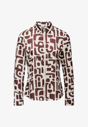 Chemise à manches longues crème avec motifs géométriques abstraits marron, dotée d'un col et d'une patte de boutonnage à l'avant. Tissu lisse et léger.