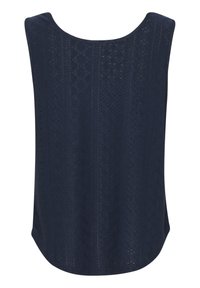 Haut sans manches bleu marine présentant un motif texturé avec des motifs en losange, un col rond et une silhouette fluide.