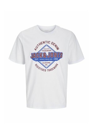 Bílá bavlněná tričko s velkou barevnou grafikou obsahující nápisy "JACK & JONES", "AUTHENTIC DENIM" a další text. Kulatý výstřih, krátké rukávy.