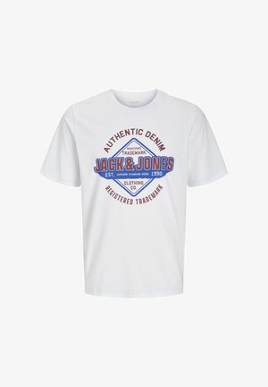 Bílá bavlněná tričko s velkou barevnou grafikou obsahující nápisy "JACK & JONES", "AUTHENTIC DENIM" a další text. Kulatý výstřih, krátké rukávy.