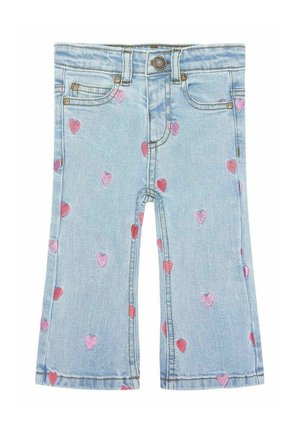 Hellblaue Jeans aus Denim mit bestickten pinken und roten Herzen, die über die gesamte Hose verteilt sind. Weites Bein mit klassischem Fünf-Taschen-Design.