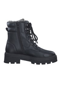 Bottine en cuir noir avec doublure en fausse fourrure, bout rond, semelle épaisse à crampons, œillets en métal, et lacets avec un détail de fermeture éclair sur le côté.