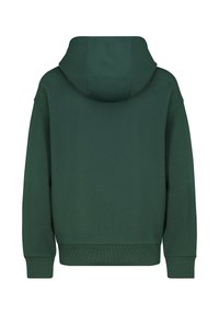 Donkergroene hoodie met een trekkoordkap, ribbelmanchetten en -zoom. Gladde textuur met een gelaagd ontwerp en geen zichtbare logo's of patronen.