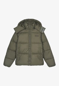Olive green puffer jacket with a hood, zip closure, and two front pockets. Features a subtle logo and reflective accents on the shoulder.