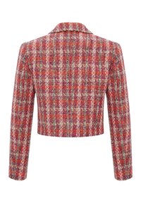 Rode en roze tweed jas met een cropped snit, lange mouwen, een brede kraag en een textuurpatroon. Geen zichtbare sluitingen op de achterkant.
