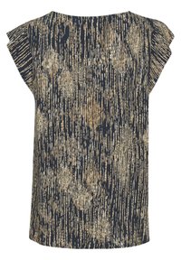 Blusa de color azul marino con mangas cortas tipo volantito, con un patrón texturizado de franjas doradas, azul claro y beige, fabricada en un tejido suave.