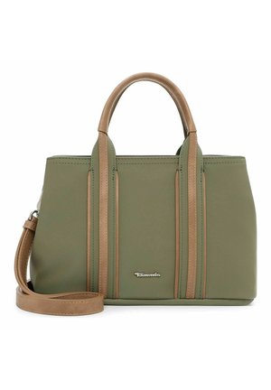 Sac cabas vert olive avec anses marron, bordure et bandoulière amovible, arborant un petit logo argenté "Tamaris" sur le devant.