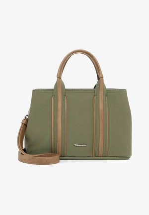 Olivgrüne Tragetasche mit braunen Griffen, Besatz und abnehmbarem Schulterriemen, vorne mit kleinem silbernem "Tamaris"-Logo.