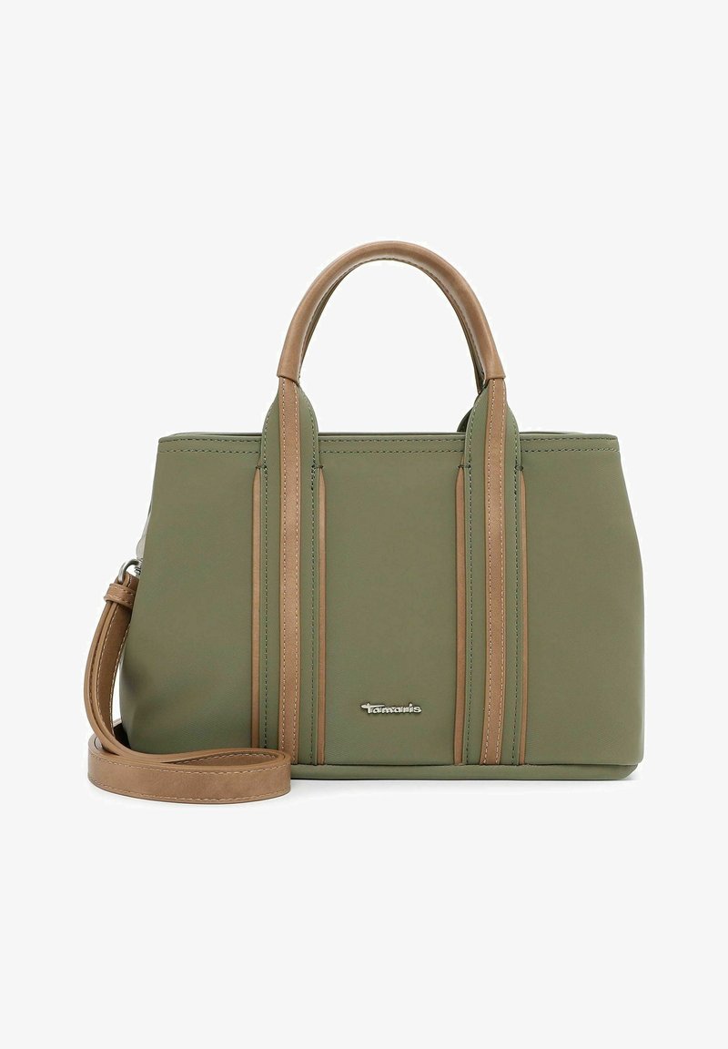 Sac cabas vert olive avec anses marron, bordure et bandoulière amovible, arborant un petit logo argenté "Tamaris" sur le devant.