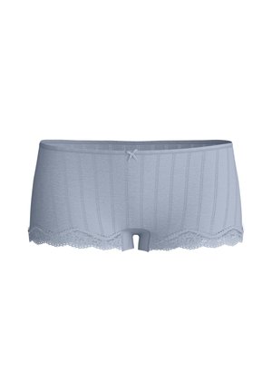 Slip boyshort da donna azzurro chiaro con cuciture verticali, piccolo fiocco frontale e bordo in pizzo lungo gli orli delle gambe.