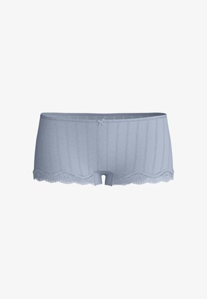 Slip boyshort da donna azzurro chiaro con cuciture verticali, piccolo fiocco frontale e bordo in pizzo lungo gli orli delle gambe.
