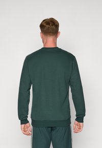 Mørkegrøn sweatshirt med rund hals, lange ærmer og ribbet talje. Inkluderer hvide accentstriber på skuldrene.