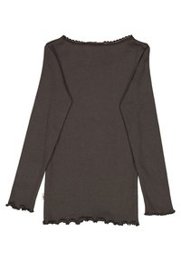 Camisa de manga larga en gris oscuro con un dobladillo y detalle en el escote en forma de ondas, hecha de una tela suave con una textura lisa.