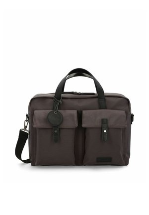 Dark brown rectangular shoulder bag with two front flap pockets, black handles, and a detachable black strap.