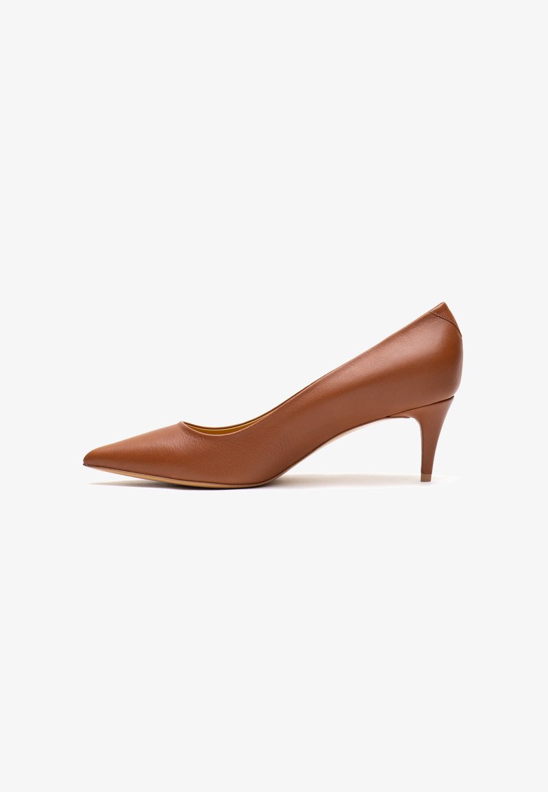 Pompa in pelle marrone a punta con tacco stiletto basso, mostrata di profilo su uno sfondo bianco.