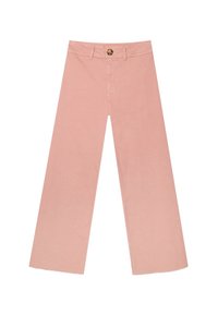 Pantaloni larghi rosa chiaro con chiusura a bottone, realizzati in materiale morbido. Presentano una superficie liscia e un taglio pulito senza motivi.