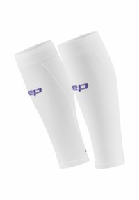 White compression arm sleeves with ribbed texture, featuring purple branding on the side. Designed for support and comfort in athletic use.