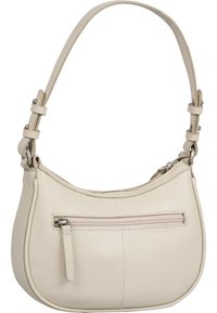 Kleine beige leren handtas met een afgeronde vorm, enkele verstelbare schouderriem en een voorzak met rits. De textuur afwerking completeert het ontwerp.