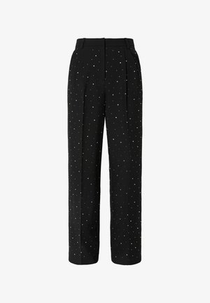 Pantaloni neri con design a gamba dritta, tessuto testurizzato e dettagli in paillettes argentate distribuiti qua e là. Vita classica con pince.