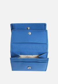 Blue leather wallet with two snap closures, multiple card slots, and a textured interior. Neat stitching accents the edges.