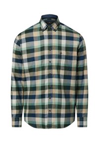 Koszula na guziki z długim rękawem, wykonana z bawełny, z wielokolorowym wzorem w kratę w odcieniach zieleni, błękitu i brązu, z kieszenią na piersi i brązowymi guzikami.