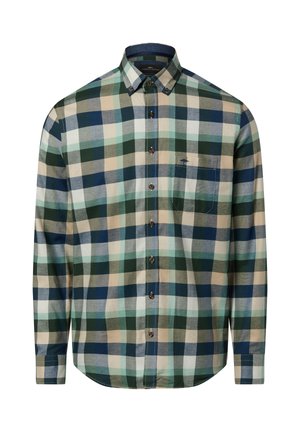 Koszula na guziki z długim rękawem, wykonana z bawełny, z wielokolorowym wzorem w kratę w odcieniach zieleni, błękitu i brązu, z kieszenią na piersi i brązowymi guzikami.