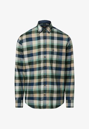 Koszula na guziki z długim rękawem, wykonana z bawełny, z wielokolorowym wzorem w kratę w odcieniach zieleni, błękitu i brązu, z kieszenią na piersi i brązowymi guzikami.
