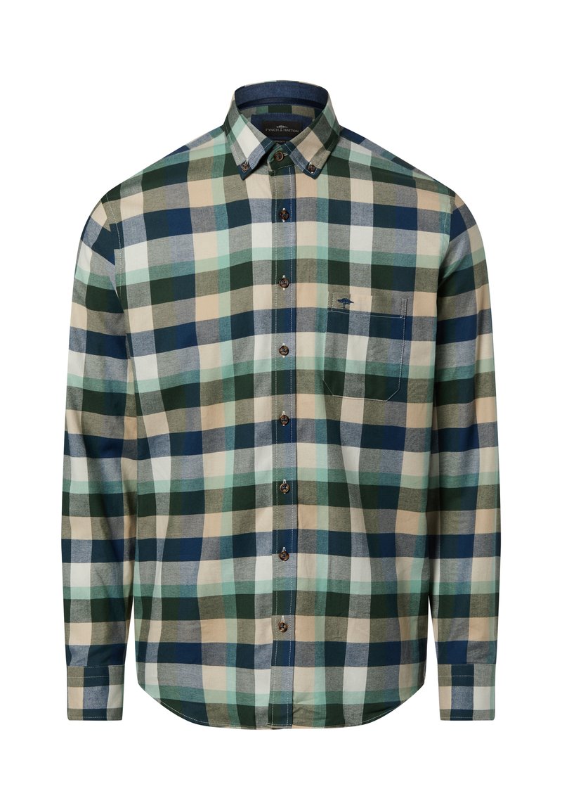 Koszula na guziki z długim rękawem, wykonana z bawełny, z wielokolorowym wzorem w kratę w odcieniach zieleni, błękitu i brązu, z kieszenią na piersi i brązowymi guzikami.