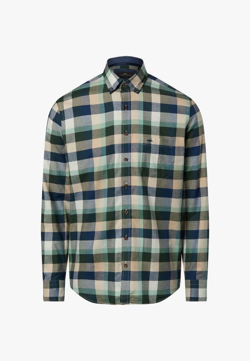 Koszula na guziki z długim rękawem, wykonana z bawełny, z wielokolorowym wzorem w kratę w odcieniach zieleni, błękitu i brązu, z kieszenią na piersi i brązowymi guzikami.