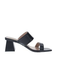 Mule nere in pelle con tacco a blocco geometrico, punta aperta e design a fascia ampia. Texture liscia e stile minimalista.