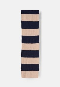 Stribede knæhøje sokker i marineblå og lys beige. Blød, struktureret strik med skiftende brede striber. Lukket tå- og hældesign.