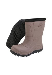 Vattentäta gummistövlar i ljusbrun med en svart texturerad sula. Designen har ränder på ovandelen och en vadderad krage.