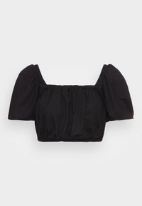 Top preto cropped feito de tecido com mangas bufantes, decote quadrado e cintura elástica. Textura suave com detalhes franzidos.