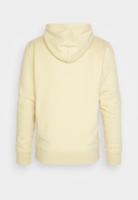 Felpa gialla con cappuccio, tessuto morbido, tasca a marsupio, polsini e orlo a coste, texture liscia, design semplice, vista dal retro, senza decorazioni.