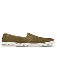 Olive green slip-on shoe with textured upper, elastic side accents, and white rubber sole featuring a patterned edge.