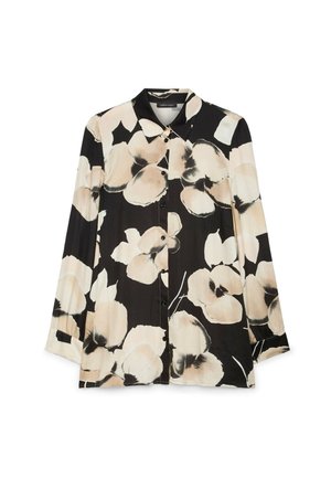 Camicia a maniche lunghe con bottoni, sfondo nero e grande stampa floreale beige e crema, colletto appuntito e maniche con polsini.