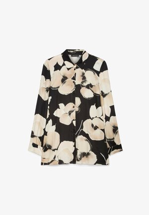 Langærmet skjorte med knapper, sort baggrund og stort blomsterprint i beige og creme, spids krave og manchetærmer.