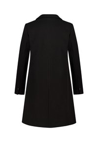 Manteau noir au design structuré, à manches longues, col cranté et coupe droite. Présente des accents de bouton sur les poignets.