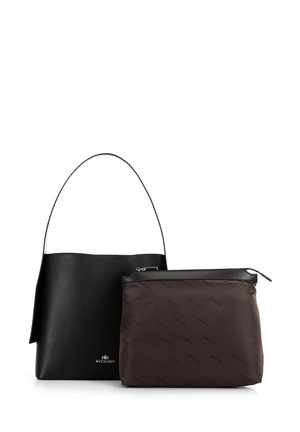 Black leather handbag with a wide shoulder strap and a smooth texture. Includes a detachable dark brown zippered pouch with patterned accents.