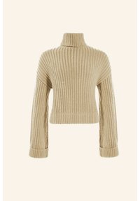 Beige Ribbed-Knit-Turtleneck-Pullover mit langen Ärmeln und umgeschlagenen Bündchen, der ein figurbetontes, kurzes Design und einen strukturierten Stoff aufweist.